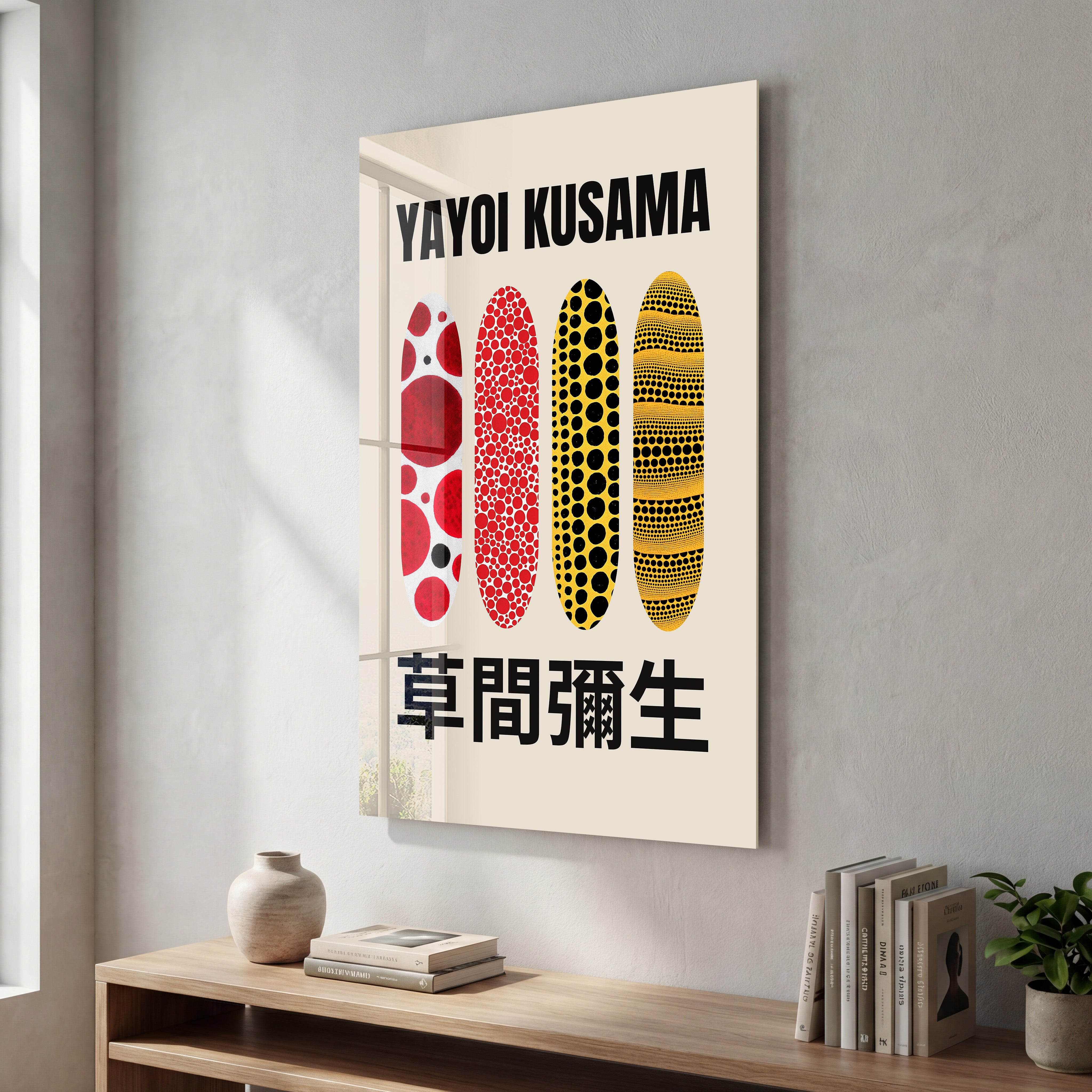 Yayoi Kusama pattern Japanese pop art glass wall art by Artdesigna, featuring vibrant polka dot design on clear glass.