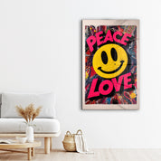 Colorful glass wall art featuring graffiti-style smiley face with peace and love symbols, designed by Artdesigna.