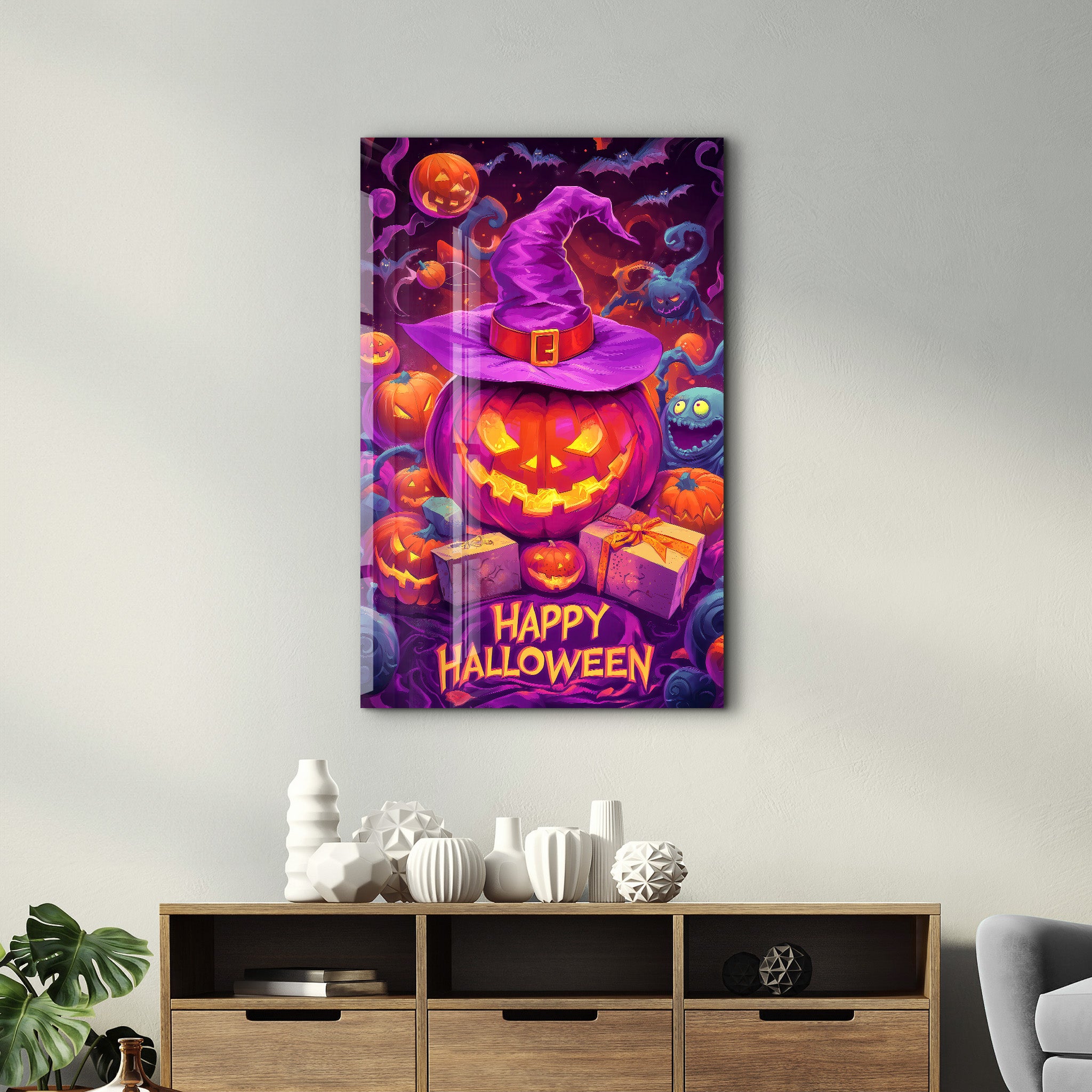 Glowing Jack-O-Lanterns | Halloween Glass Wall Art - Artdesigna