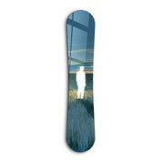 Artdesigna Lost Signal snowboard glass wall art featuring a bold snowboarding design on clear glass.