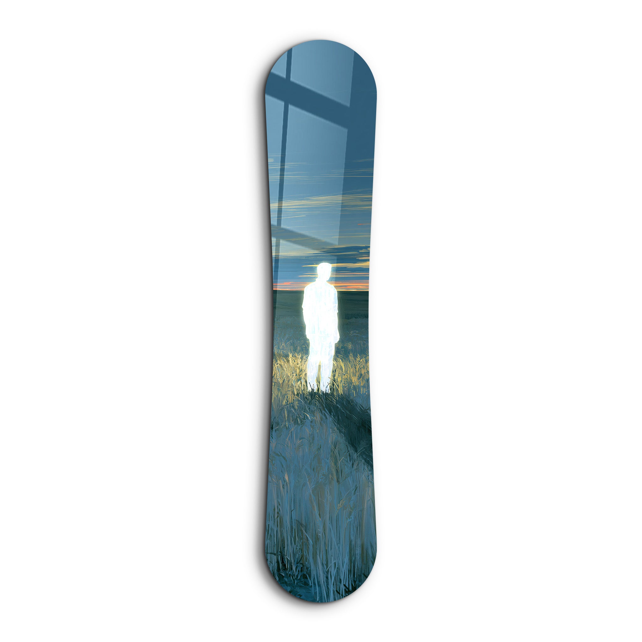 Artdesigna Lost Signal snowboard glass wall art featuring a bold snowboarding design on clear glass.