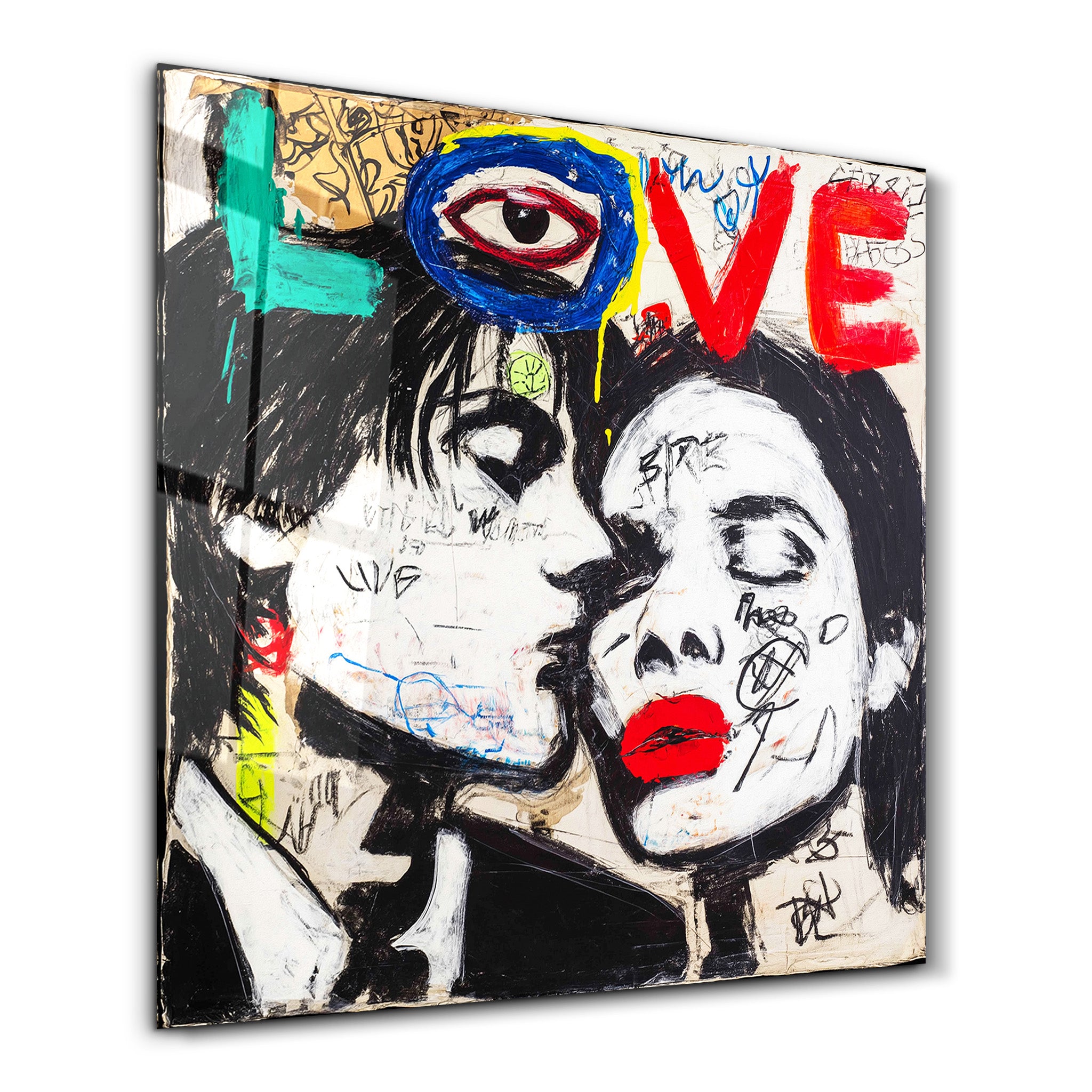 Glass wall art titled Love – Urban Kiss Square Art by Artdesigna, featuring a modern urban kiss design on clear glass.