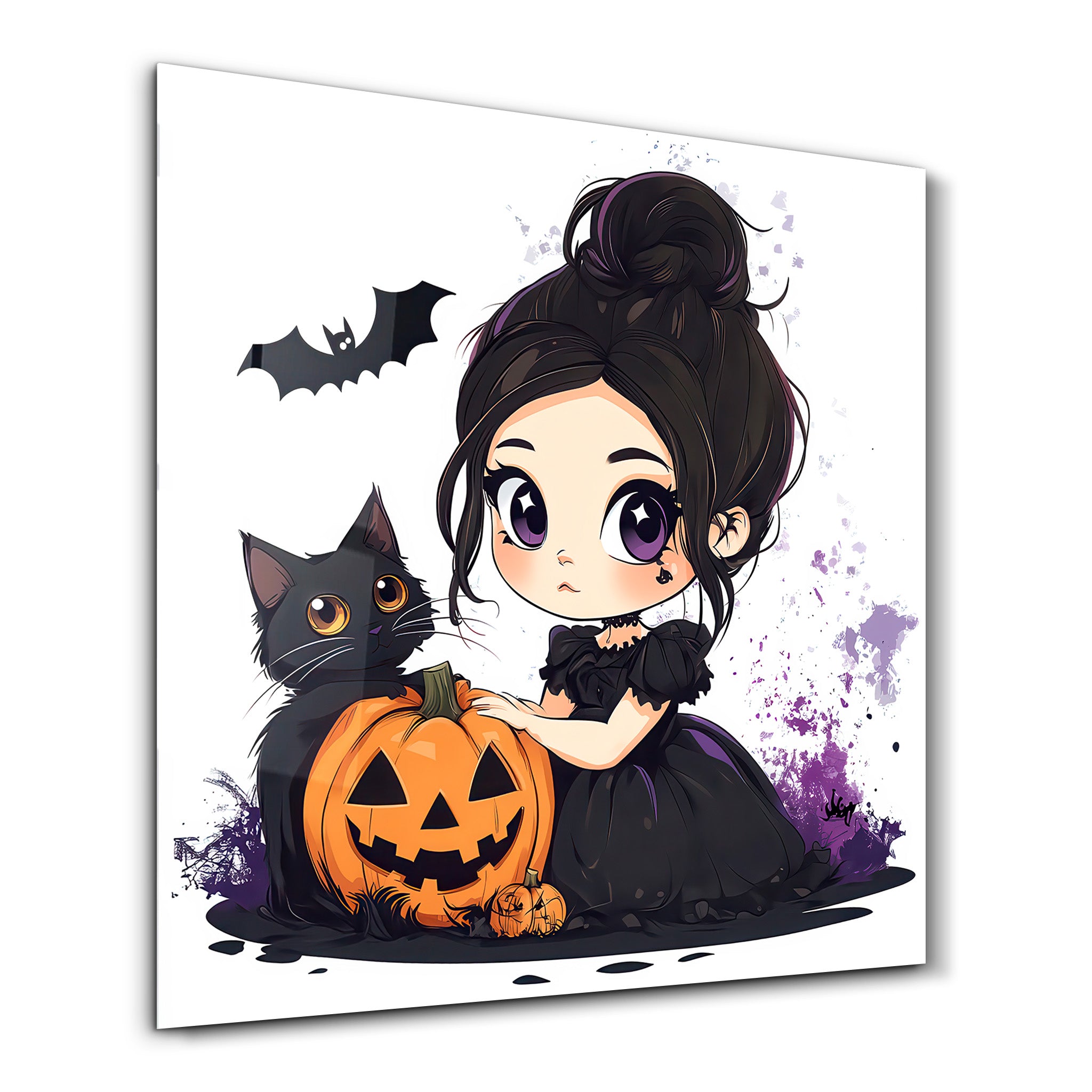 Lil' Witch and Her Pumpkin Pal | Halloween Style Glass Wall Art - Artdesigna