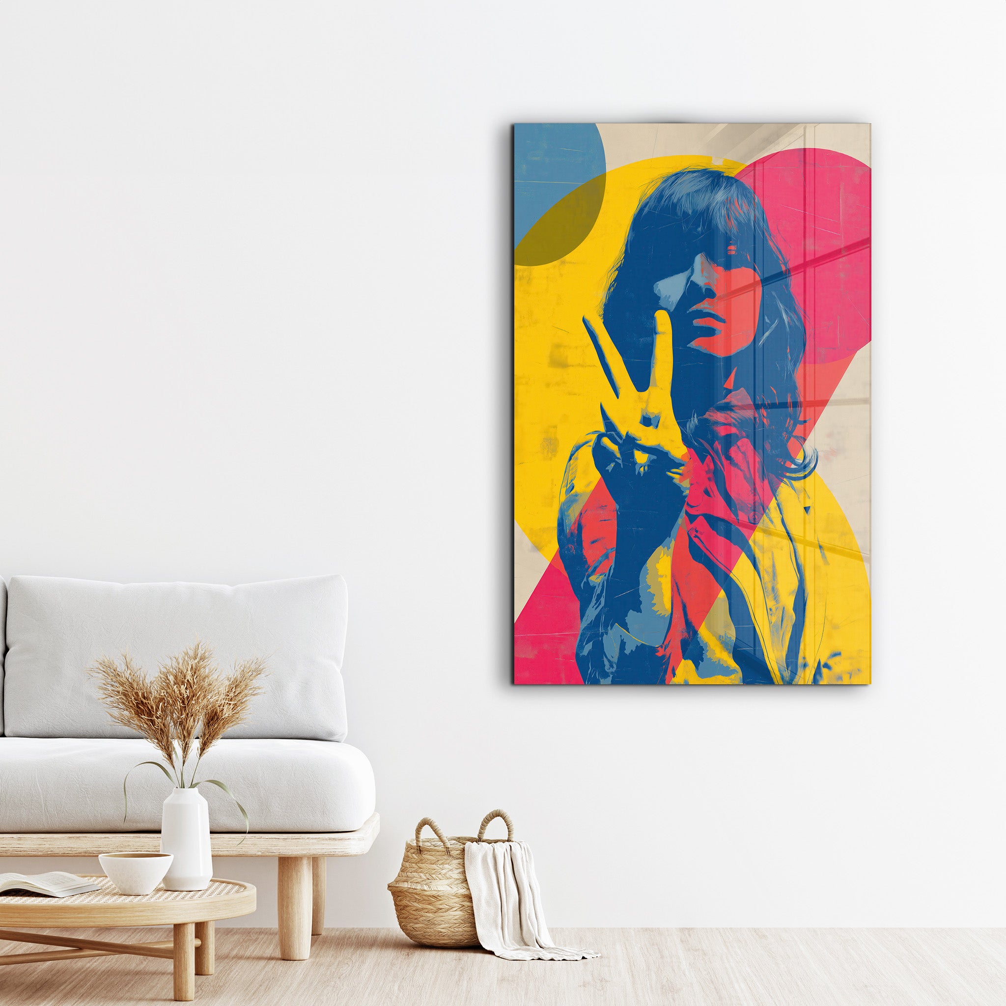 Colorful glass wall art featuring a bold pop portrait design by Artdesigna, ideal for modern home decor.