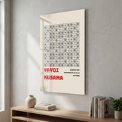 Glass wall art featuring Yayoi Kusama's monochrome pattern, Japanese pop art design by Artdesigna.