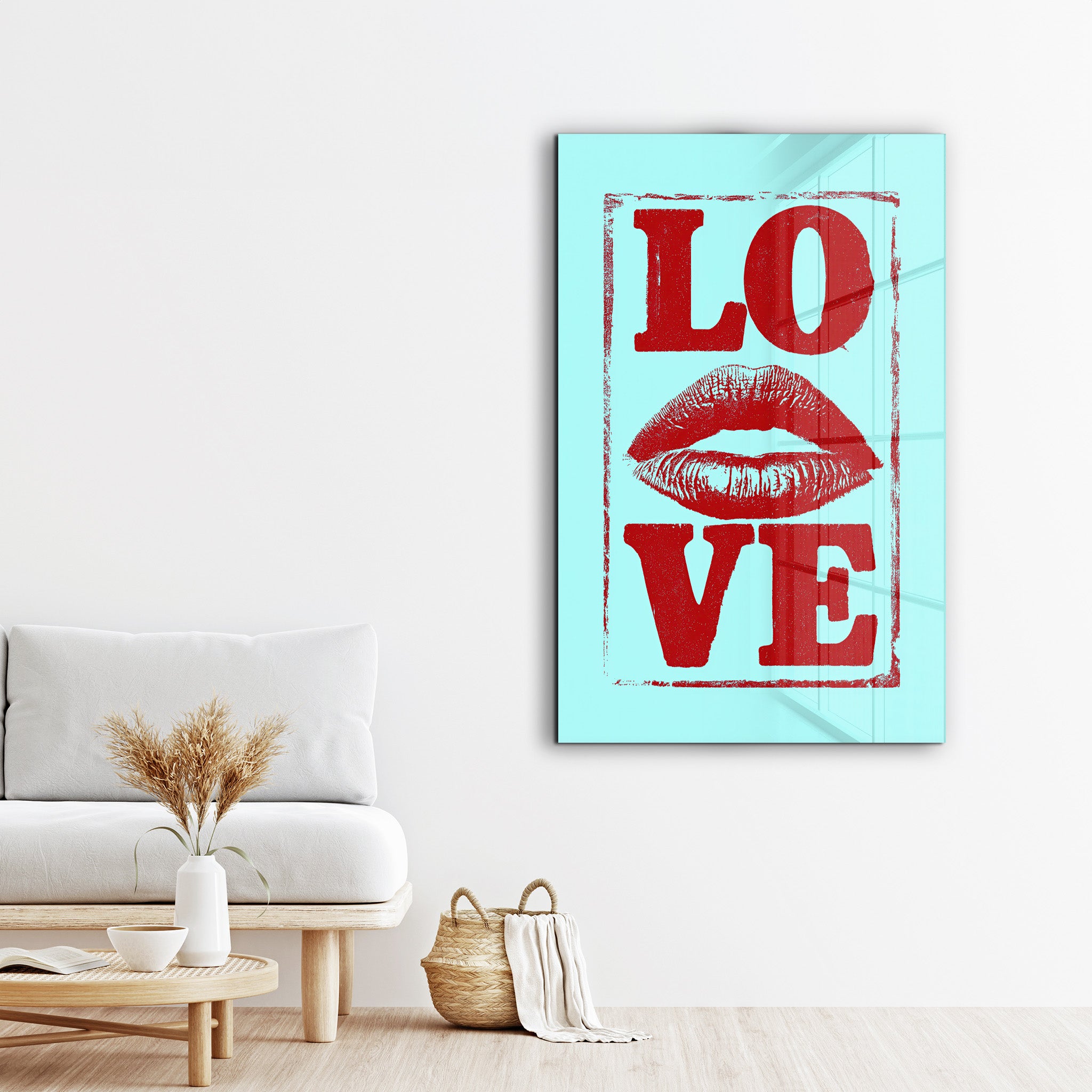 Love Kiss glass wall art by Artdesigna featuring a romantic kiss design on clear glass wall decor.