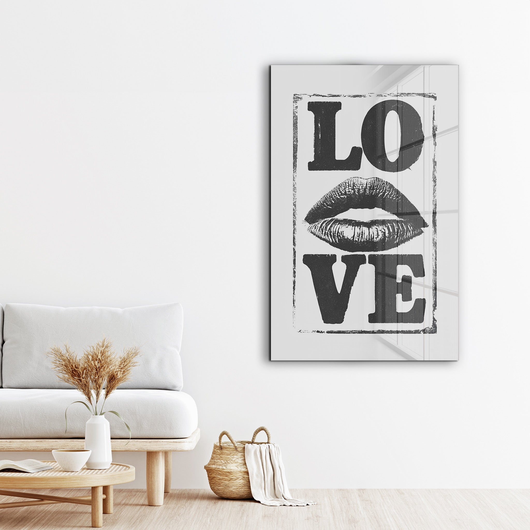 Glass wall art featuring a love kiss design by Artdesigna, with vibrant colors and a sleek glass finish for modern home decor.