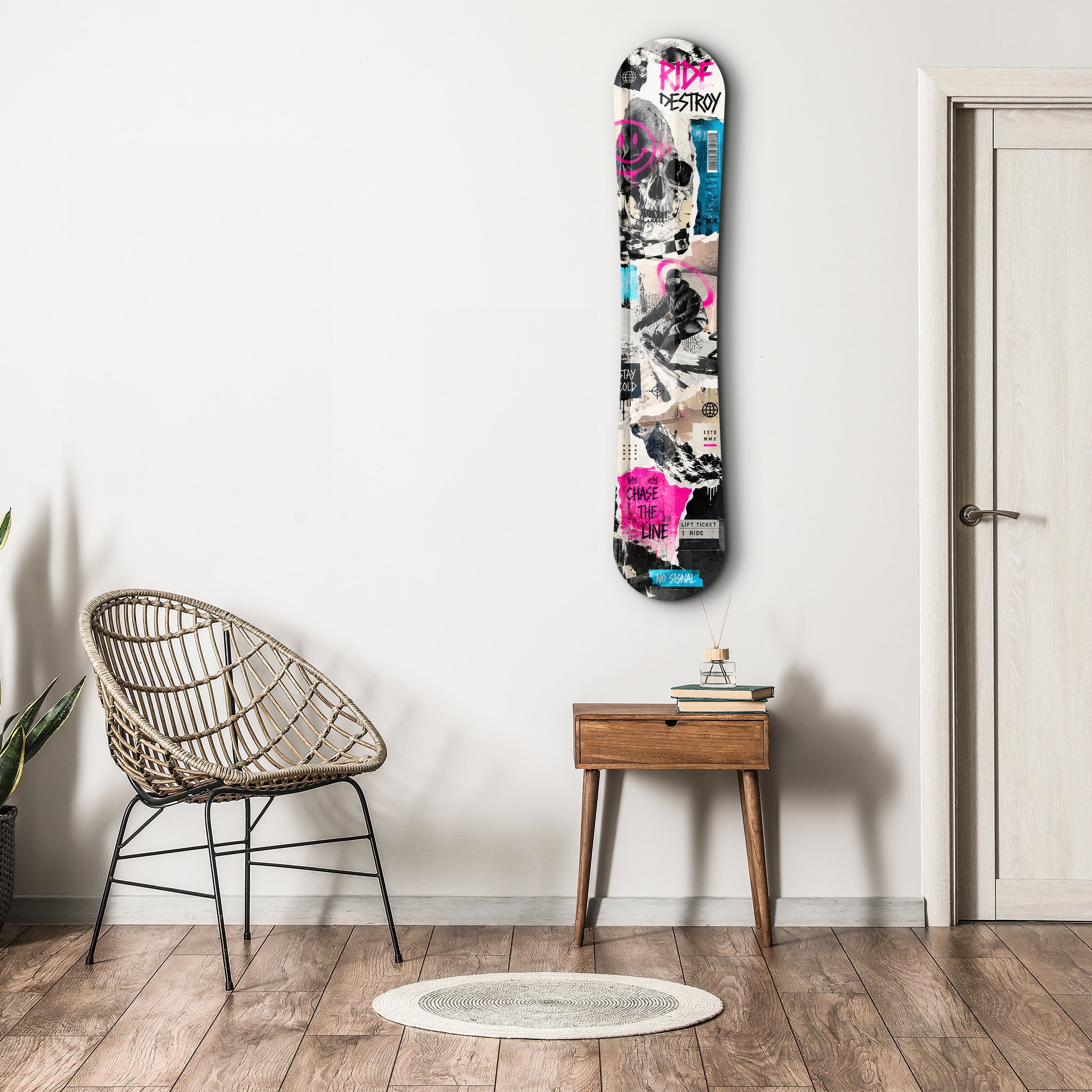 Artdesigna Ride Destroy snowboard glass wall art featuring a bold, colorful snowboard graphic on clear glass surface.