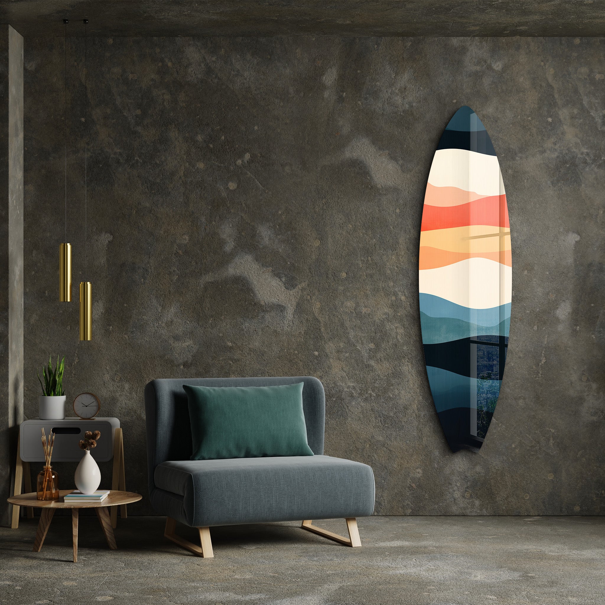 Colorful retro horizon surfboard glass wall art by Artdesigna featuring vibrant ocean waves and sunset sky design.