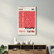Red dots glass wall art by Artdesigna inspired by Yayoi Kusama's Tokyo 1998 Japanese pop art design.