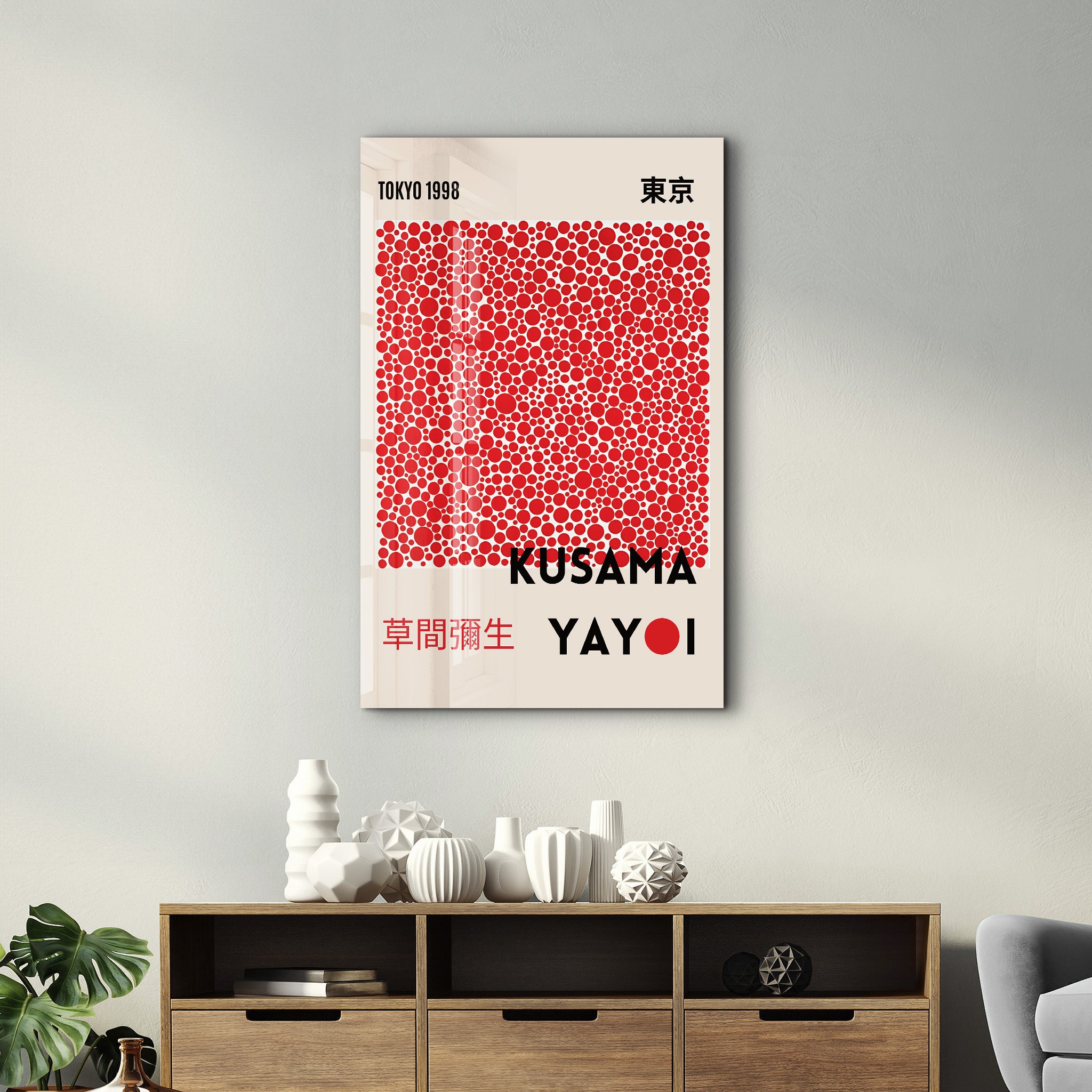 Red dots glass wall art by Artdesigna inspired by Yayoi Kusama's Tokyo 1998 Japanese pop art design.