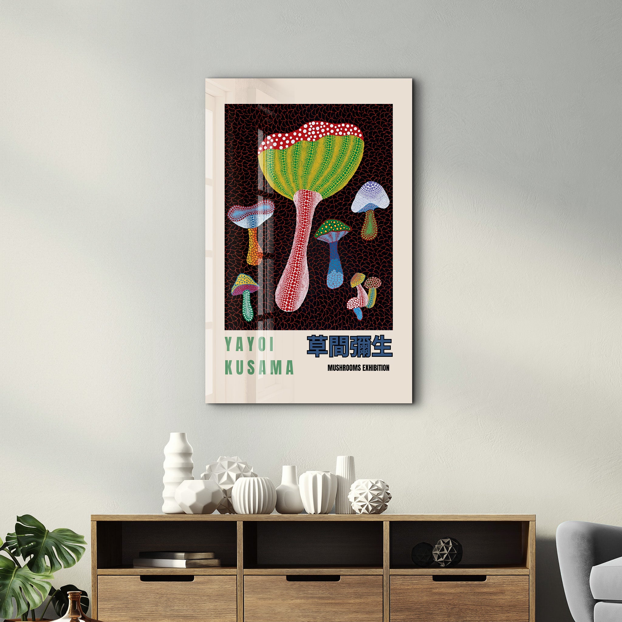 Colorful Yayoi Kusama mushrooms Japanese pop art glass wall art by Artdesigna, featuring vibrant mushroom designs on clear glass.