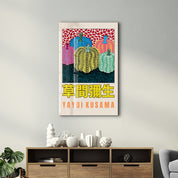 Yayoi Kusama pumpkins Japanese pop art glass wall art by Artdesigna, featuring colorful pumpkin designs on clear glass.