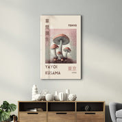 Yayoi Kusama mushroom poster Japanese pop art glass wall art by Artdesigna, featuring vibrant mushroom design on clear glass surface.
