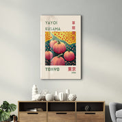 Colorful glass wall art featuring Yayoi Kusama-inspired pumpkin cluster design by Artdesigna, perfect for modern home decor.