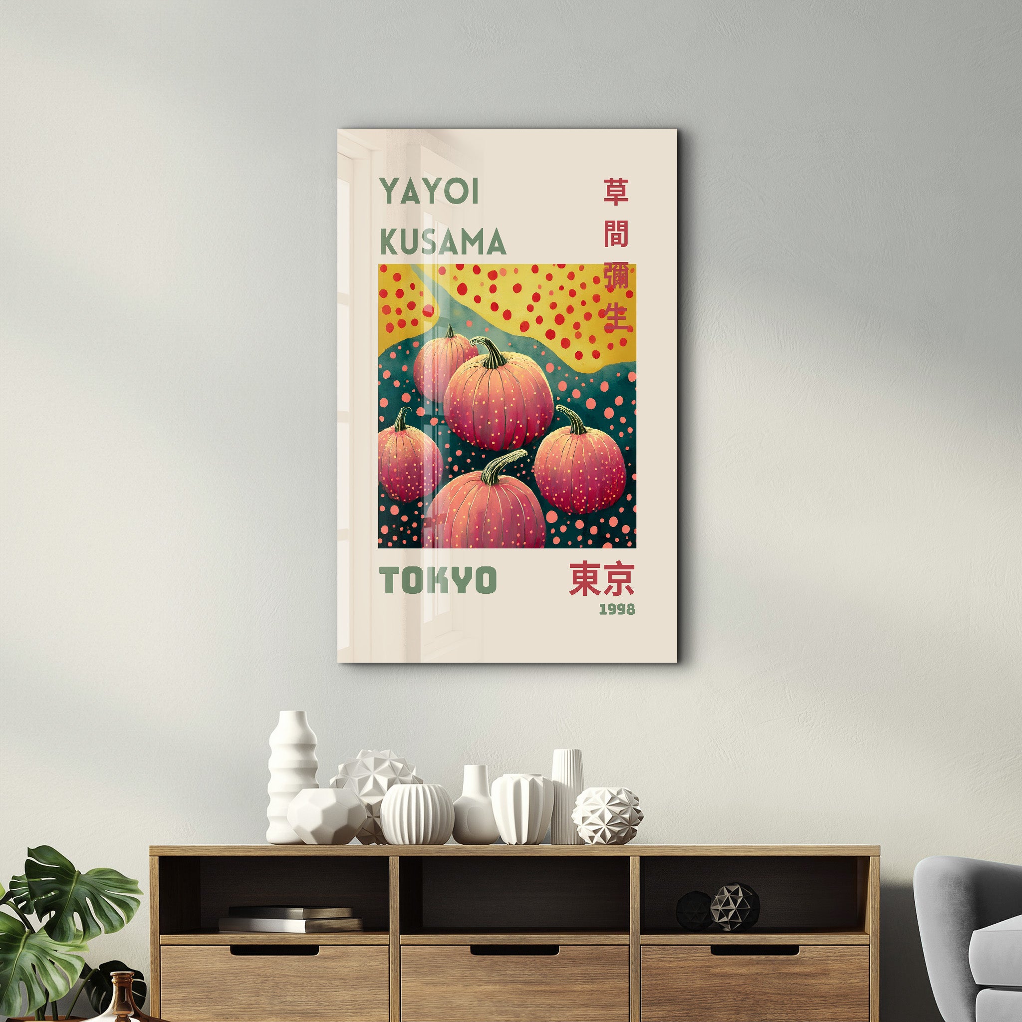 Colorful glass wall art featuring Yayoi Kusama-inspired pumpkin cluster design by Artdesigna, perfect for modern home decor.