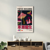 Pink Mushrooms glass wall art by Artdesigna featuring Yayoi Kusama's Japanese pop art style with vibrant mushroom designs.