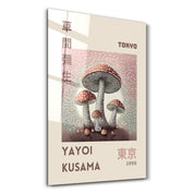 Yayoi Kusama Mushroom poster, Japanese pop art glass wall art by Artdesigna featuring vibrant mushroom design on clear glass surface.