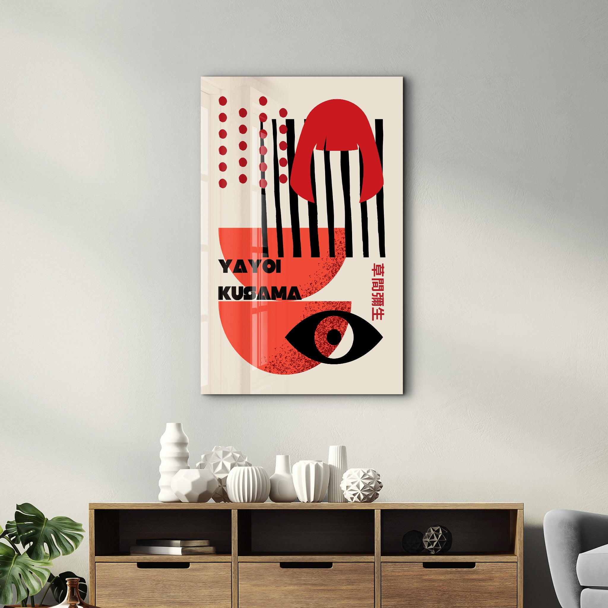 Yayoi Kusama abstract face glass wall art by Artdesigna featuring vibrant Japanese pop art design on clear glass panel.