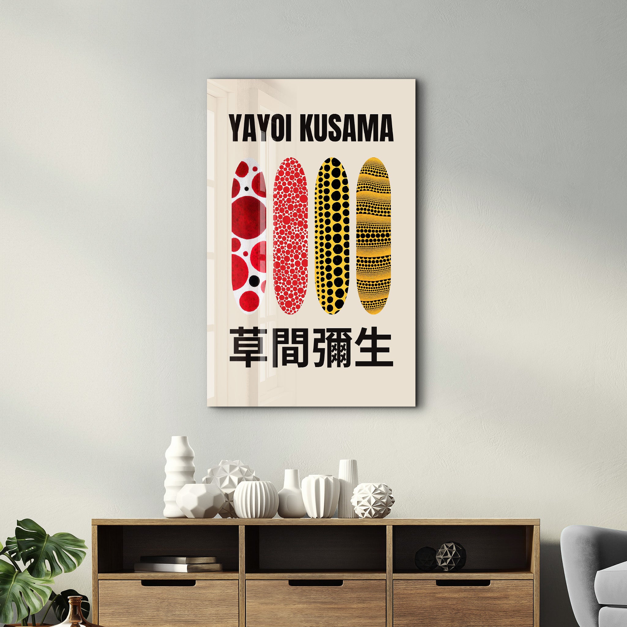 Yayoi Kusama Japanese pop art glass wall art featuring vibrant polka dot patterns by Artdesigna.