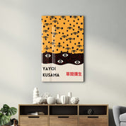 Yayoi Kusama Infinite Eyes glass wall art by Artdesigna featuring vibrant pop art design with colorful eye patterns