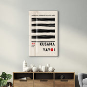 Yayoi Kusama minimal black lines Japanese pop art glass wall art by Artdesigna, featuring bold black line patterns on clear glass.