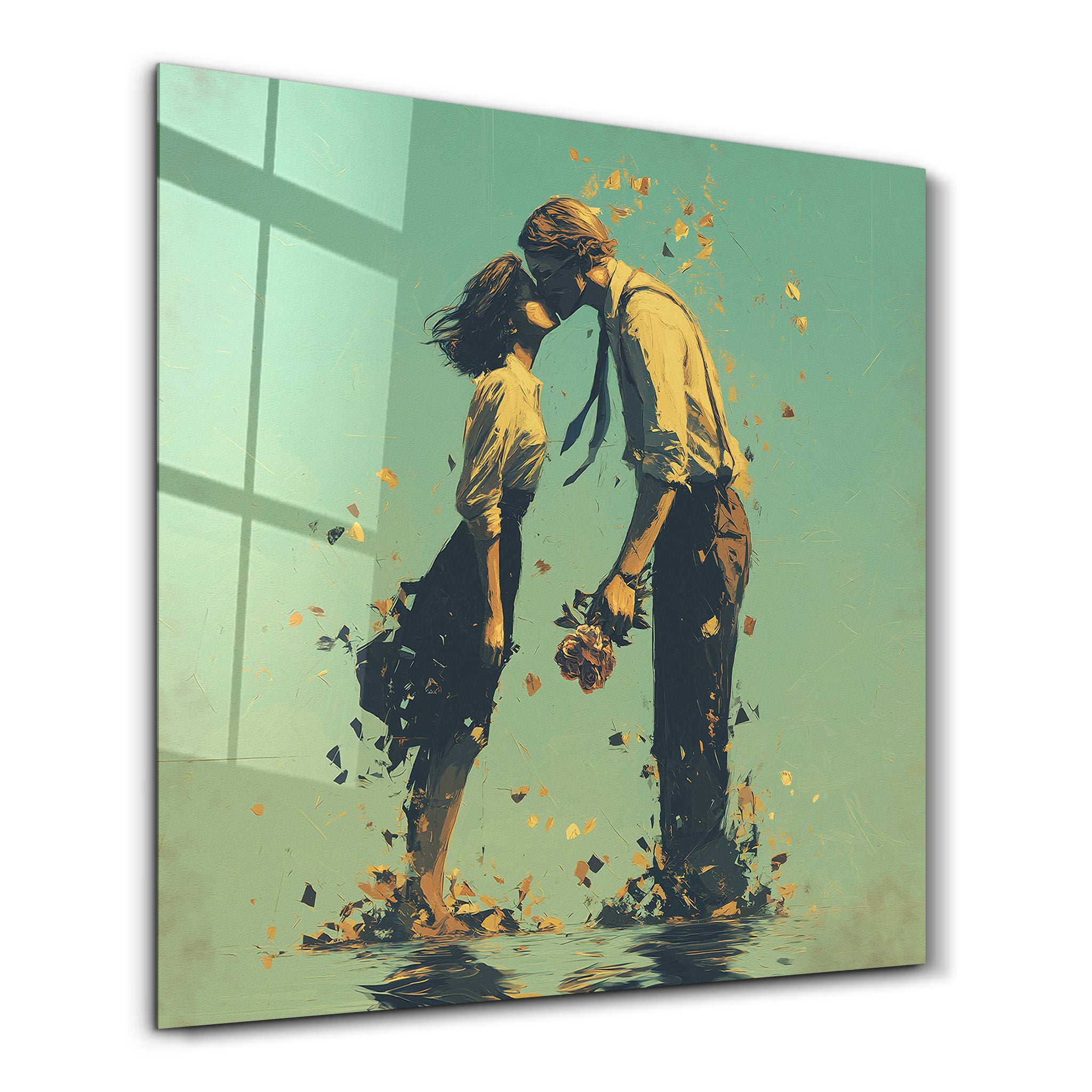 Romantic square glass wall art by Artdesigna featuring a couple's silhouette in a loving embrace.