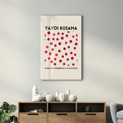 Pink dotted Yayoi Kusama Japanese pop art glass wall art by Artdesigna, featuring vibrant pink polka dot design on clear glass.