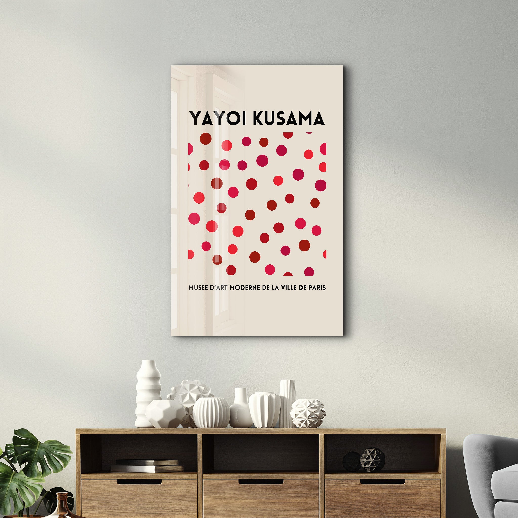 Pink dotted Yayoi Kusama Japanese pop art glass wall art by Artdesigna, featuring vibrant pink polka dot design on clear glass.