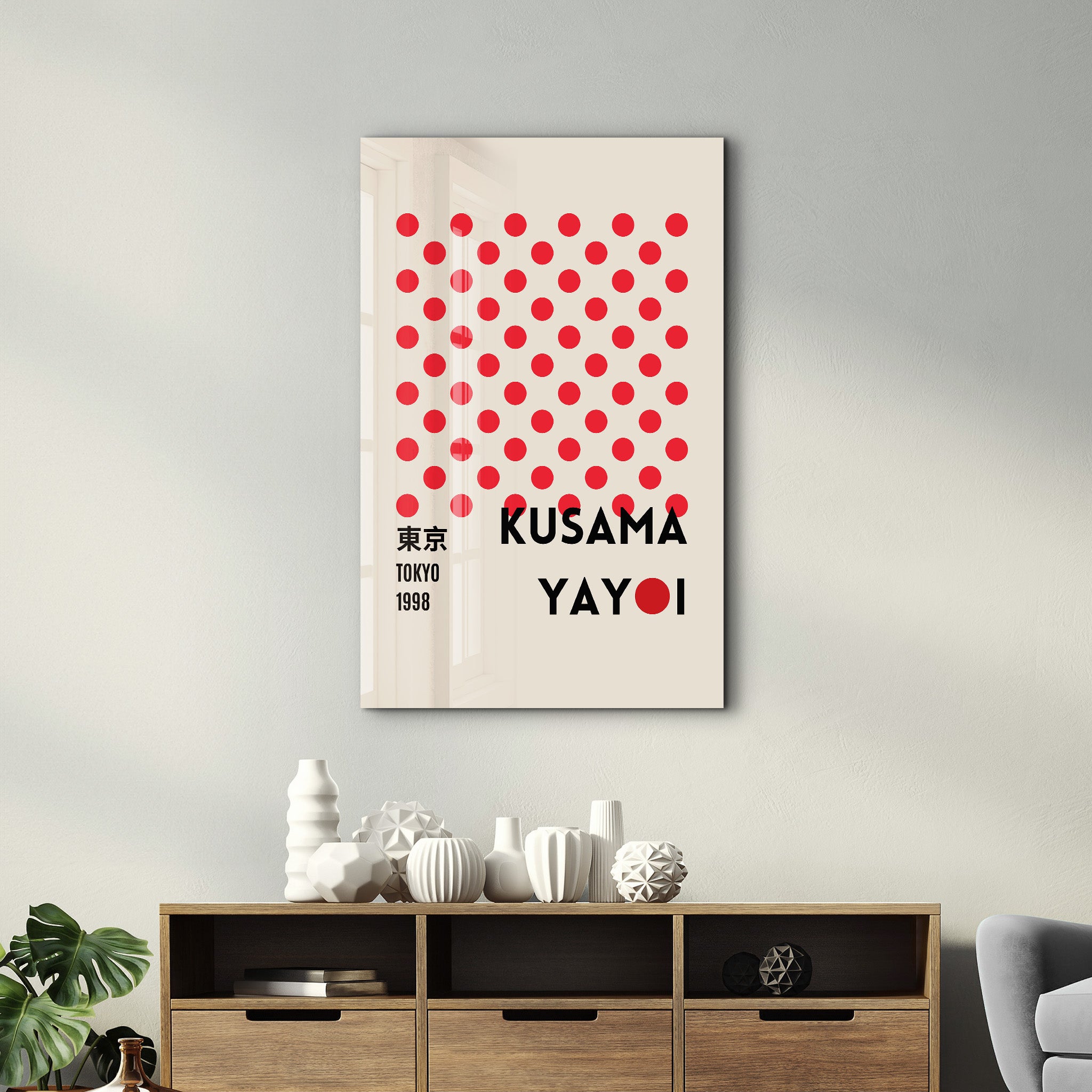 Red and white Yayoi Kusama Tokyo 1998 Japanese pop art glass wall art by Artdesigna featuring bold polka dots.