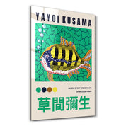 Colorful Yayoi Kusama Tropical Fish glass wall art by Artdesigna featuring vibrant Japanese pop art design on clear glass.
