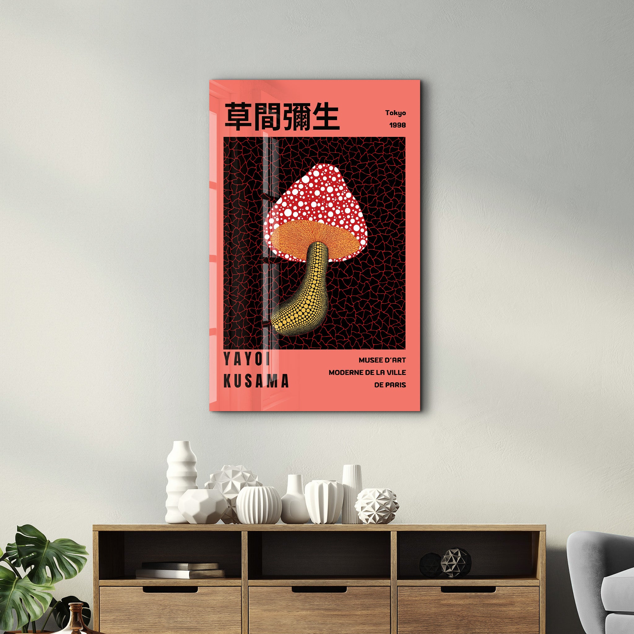Red mushroom glass wall art by Artdesigna featuring Yayoi Kusama-inspired Japanese pop art design.