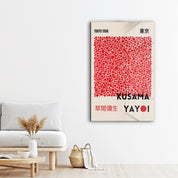Yayoi Kusama Tokyo 1998 red dots Japanese pop art glass wall art by Artdesigna displayed on a wall.