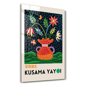 Glass wall art featuring a Yayoi Kusama floral vase design in vibrant Japanese pop art style by Artdesigna.