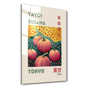 Colorful Yayoi Kusama Pumpkin Cluster glass wall art by Artdesigna featuring vibrant pop art pumpkin designs on clear glass.