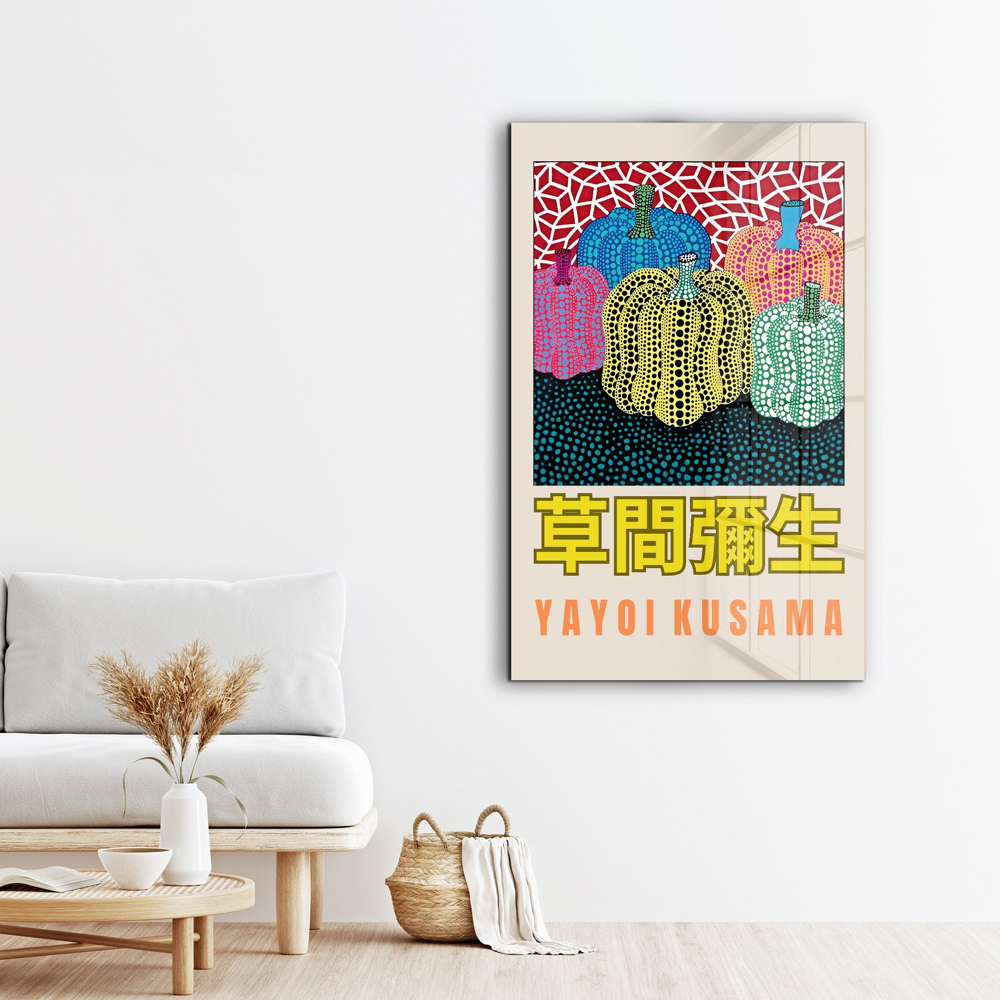Yayoi Kusama pumpkins Japanese pop art glass wall art by Artdesigna, featuring vibrant pumpkin designs on clear glass.