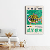 Colorful Yayoi Kusama Tropical Fish glass wall art by Artdesigna, featuring vibrant Japanese pop art design on a clear glass panel.