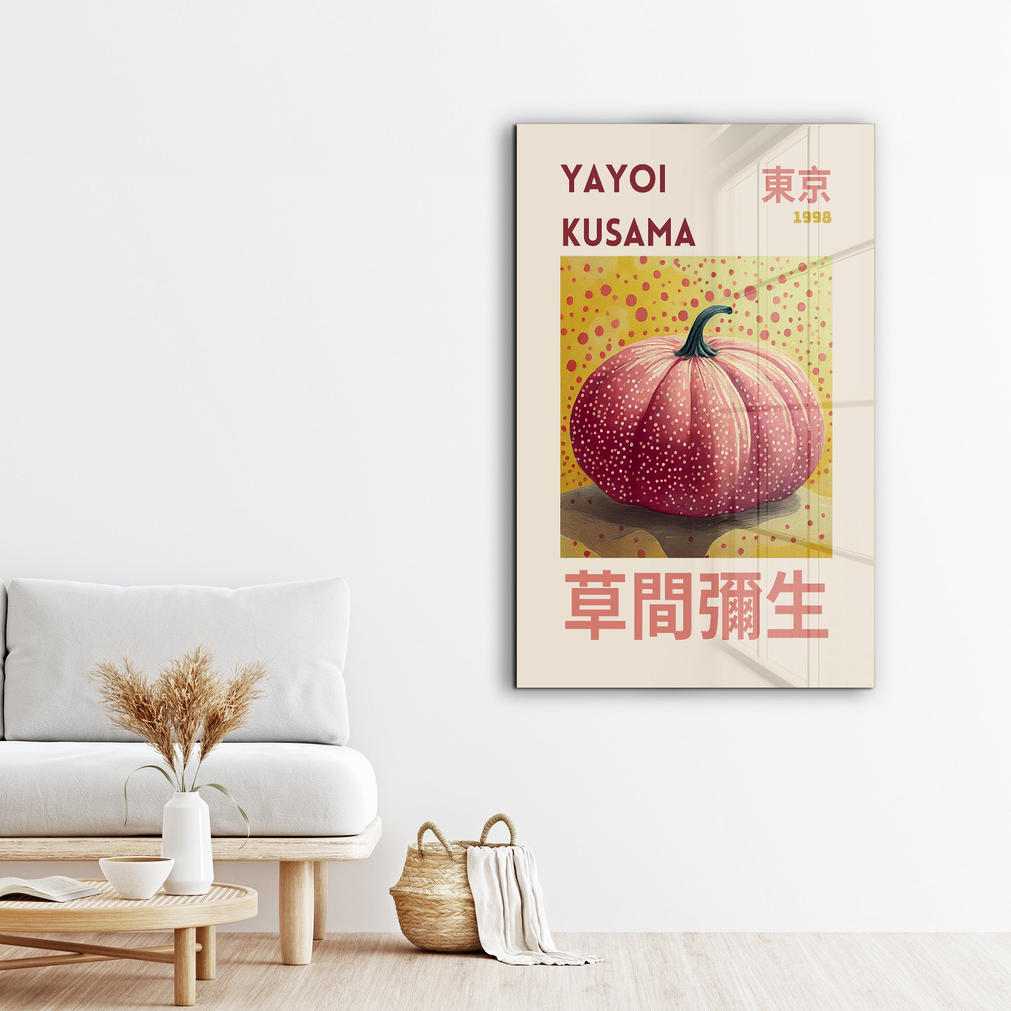 Yayoi Kusama Pumpkin Japanese pop art glass wall art by Artdesigna, featuring vibrant pumpkin design on clear glass panel.