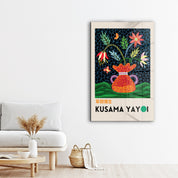 Colorful Yayoi Kusama floral vase glass wall art by Artdesigna with vibrant pop art floral design on clear glass.