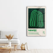 Green pumpkin glass wall art by Artdesigna featuring Yayoi Kusama's Japanese pop art design.