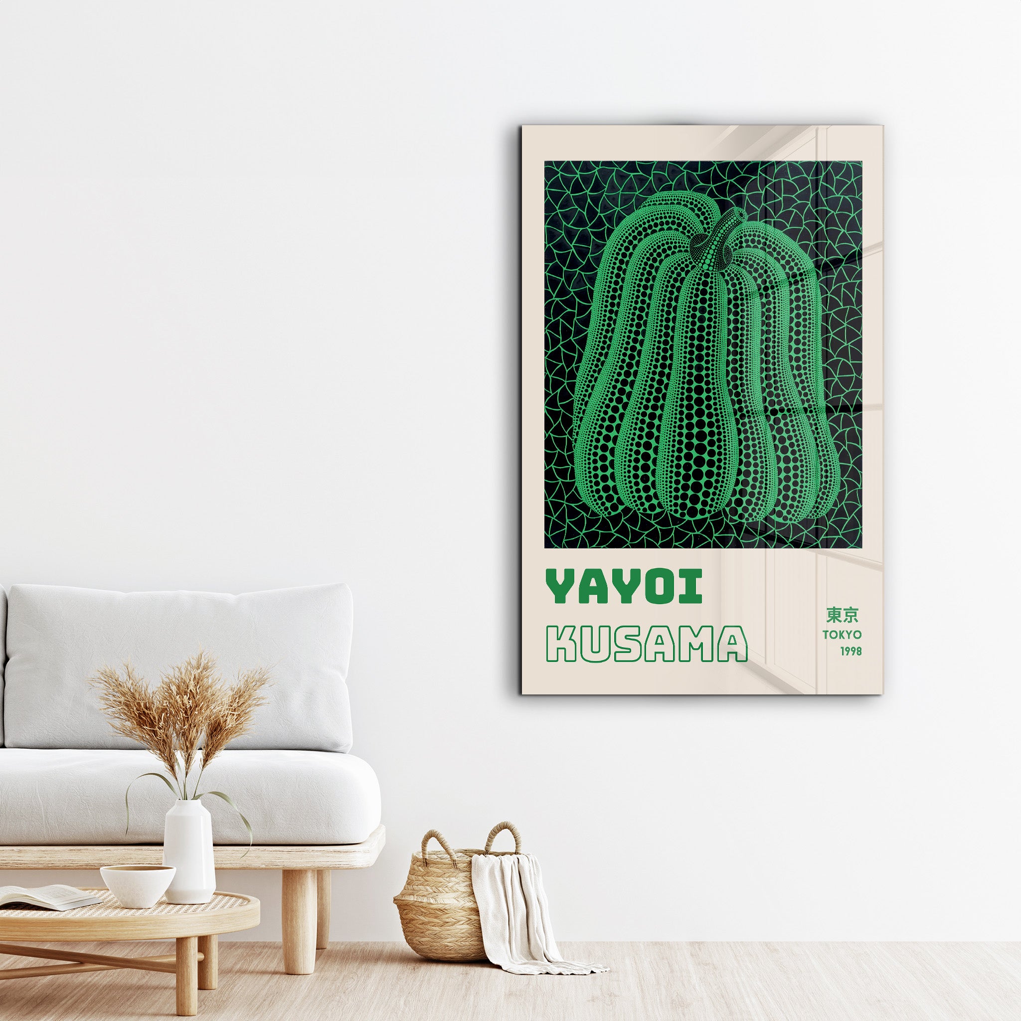 Green pumpkin glass wall art by Artdesigna featuring Yayoi Kusama's Japanese pop art design.