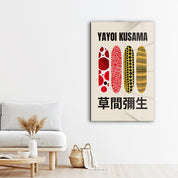 Glass wall art by Artdesigna featuring Yayoi Kusama's vibrant Japanese pop art pattern on clear glass.