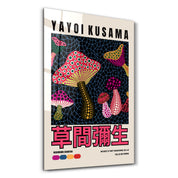 Glass wall art featuring pink mushroom designs inspired by Yayoi Kusama's Japanese pop art style by Artdesigna.