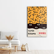 Yayoi Kusama Infinite Eyes Japanese pop art glass wall art by Artdesigna showcasing vibrant, eye-catching patterns and bold colors.