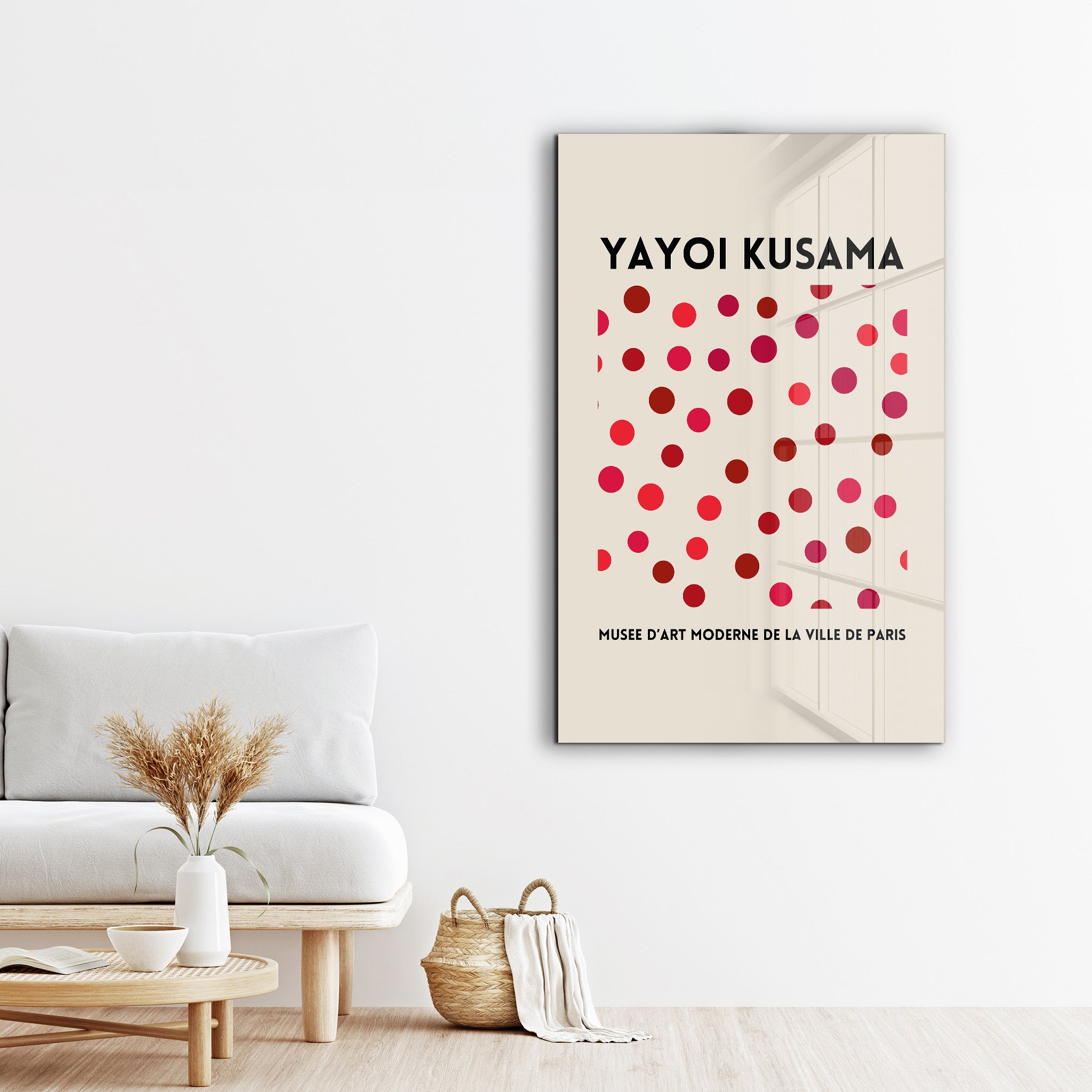 Pink dotted Yayoi Kusama glass wall art by Artdesigna featuring vibrant Japanese pop art design.
