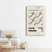Yayoi Kusama geometric monochrome Japanese pop art glass wall art by Artdesigna, featuring bold black and white abstract patterns.