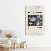Glass wall art featuring monochrome mushroom design inspired by Yayoi Kusama's Japanese pop art style by Artdesigna.
