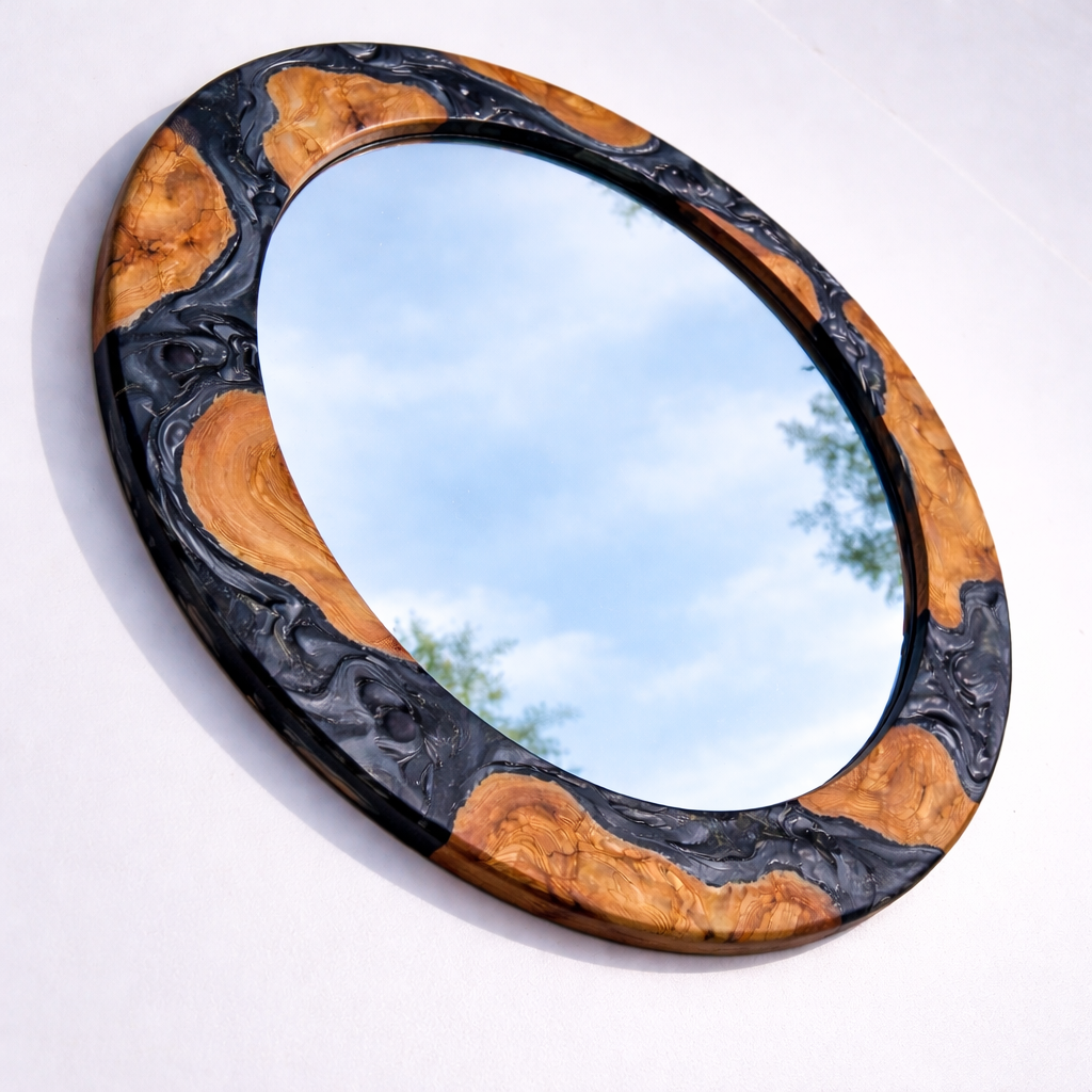 Black Diamond epoxy and olive wood wall art mirror featuring a unique geometric design by Artdesigna.