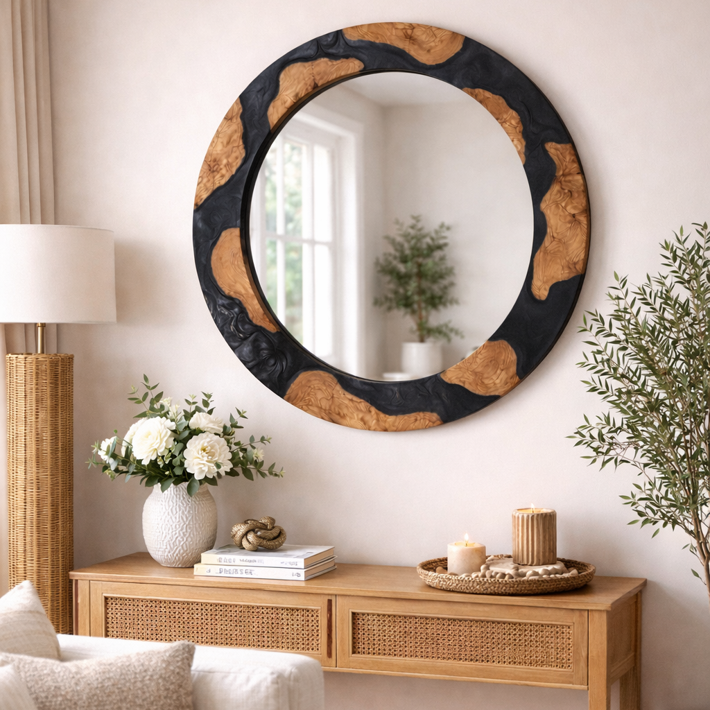 Black Diamond epoxy and olive wood wall art mirror by Artdesigna featuring a round wooden frame with a polished epoxy finish.