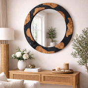 Black Diamond epoxy and olive wood wall art mirror by Artdesigna featuring a round wooden frame with a polished epoxy finish.